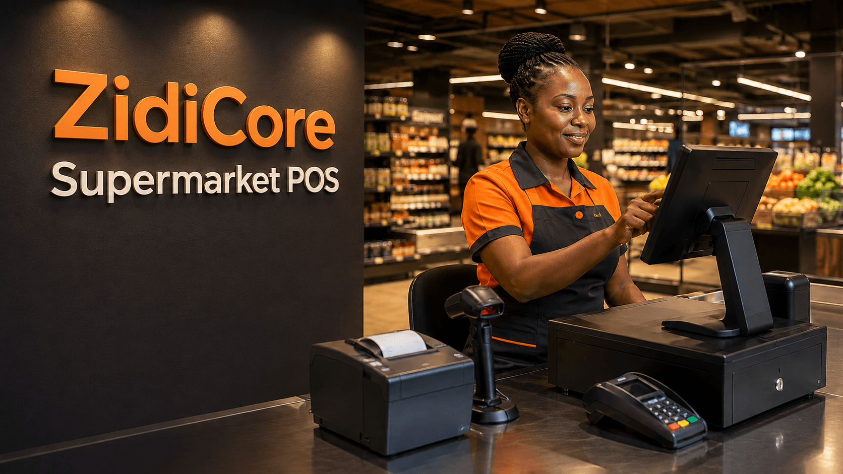 Kenyan supermarket cashier using a touchscreen POS with barcode scanner and thermal receipt printer.