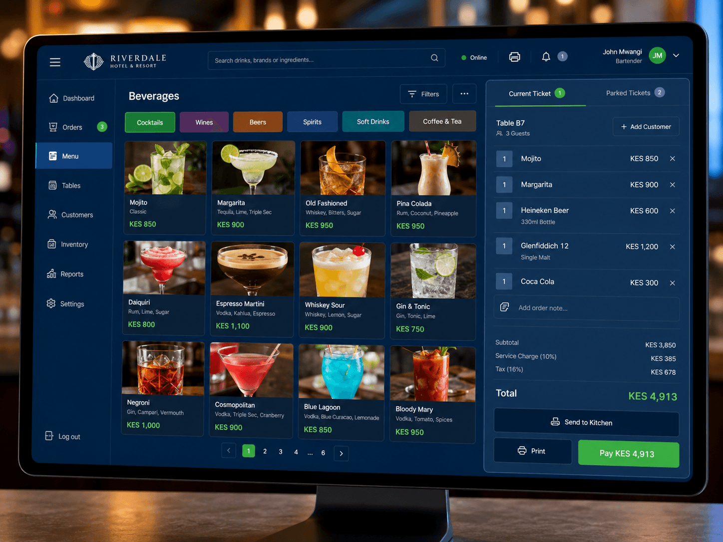 Hotel bar point of sale interface showing beverage menu and customer order