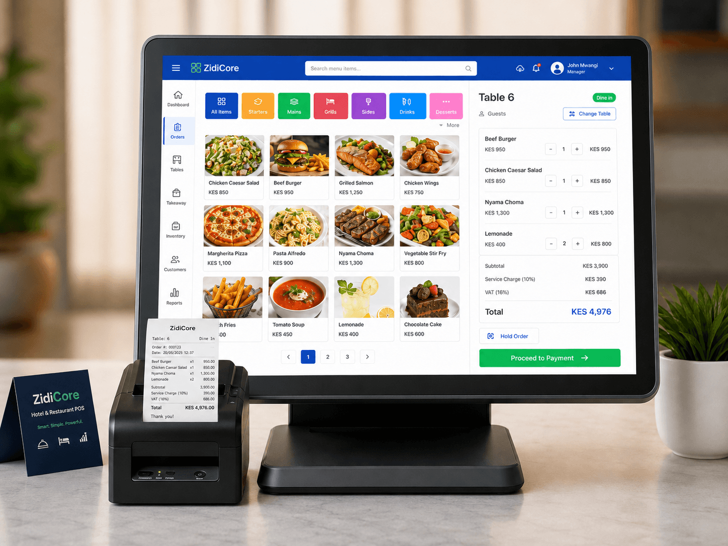 ZidiCore Hotel and Restaurant POS displayed on a touchscreen terminal with an 80mm thermal receipt printer